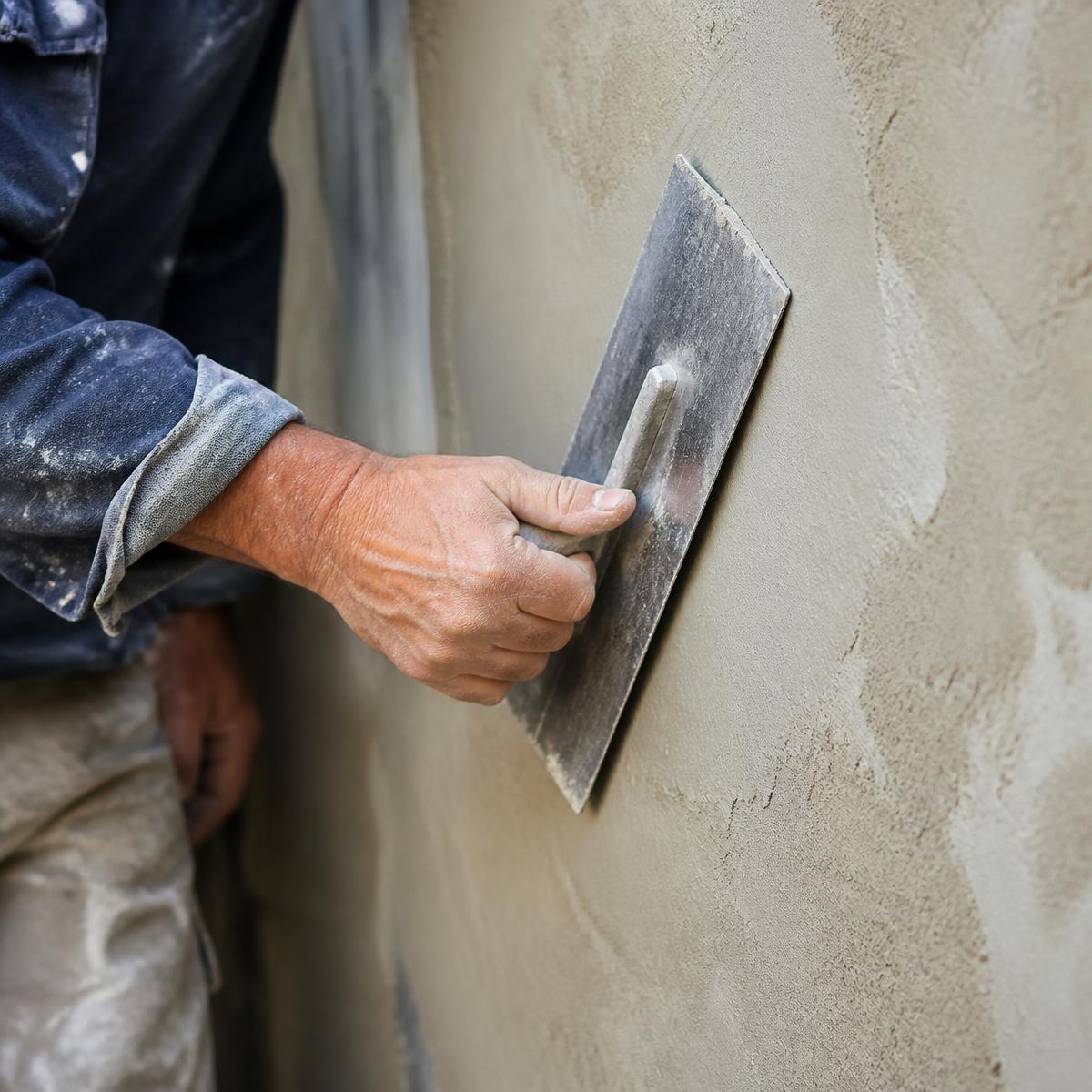 Handwerker zieht frischen Putz mit der Traufel glatt